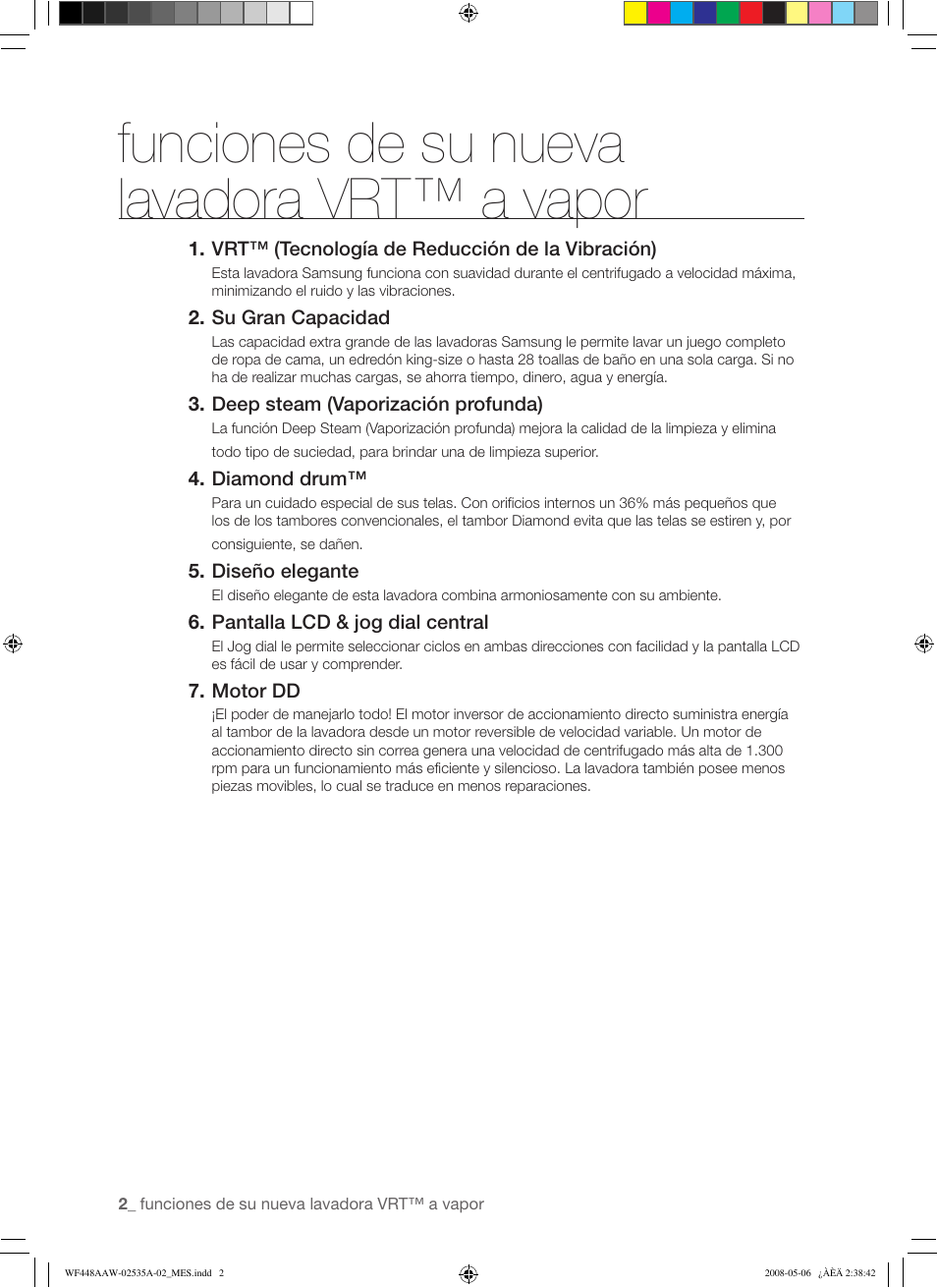 Funciones de su nueva lavadora vrt™ a vapor | Samsung WF438AAR-XAA User Manual | Page 34 / 64