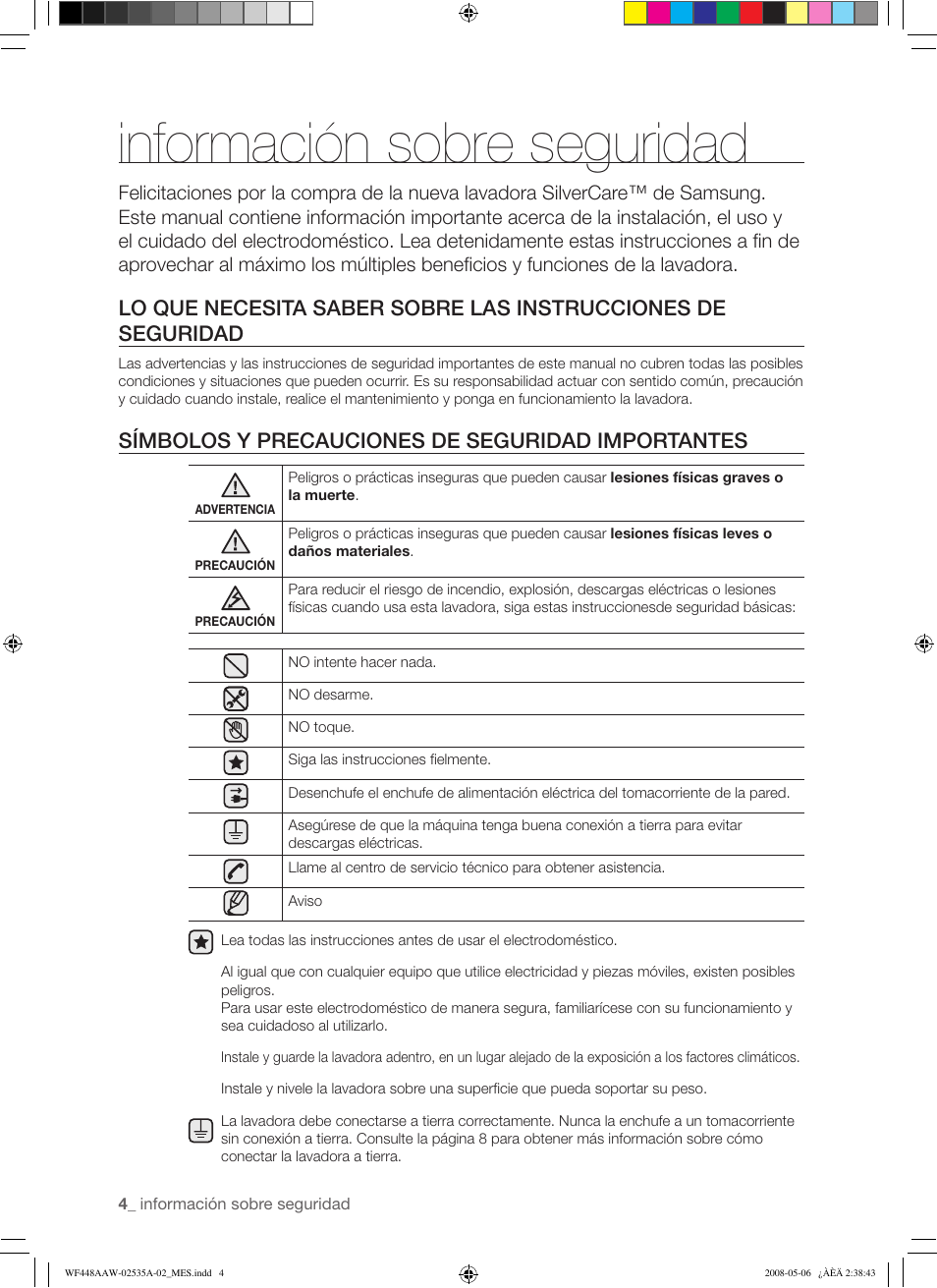 Información sobre seguridad, Símbolos y precauciones de seguridad importantes | Samsung WF438AAR-XAA User Manual | Page 36 / 64