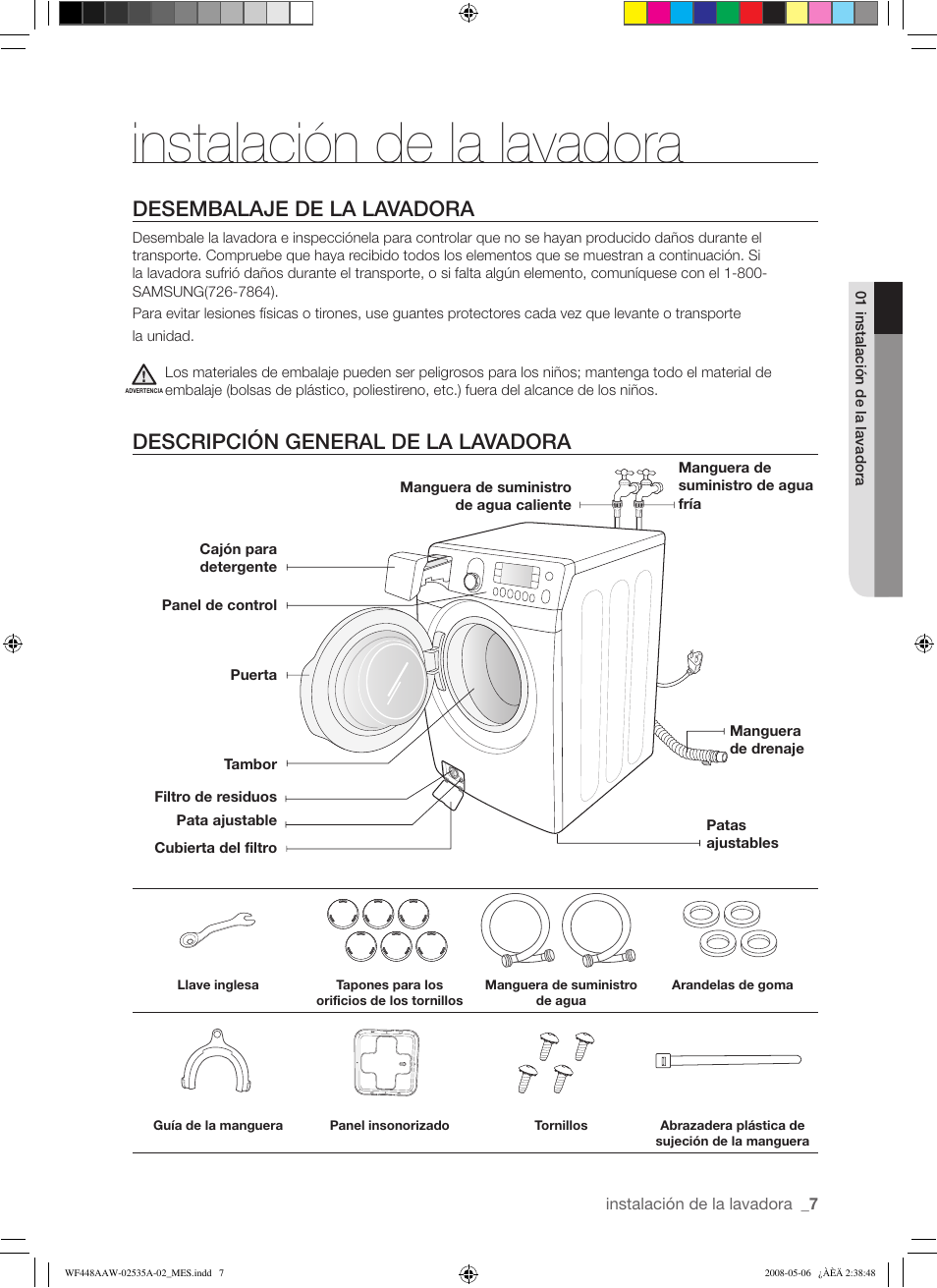 Instalación de la lavadora, Desembalaje de la lavadora, Descripción general de la lavadora | Samsung WF438AAR-XAA User Manual | Page 39 / 64