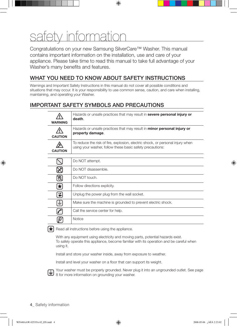 Safety information, What you need to know about safety instructions, Important safety symbols and precautions | Samsung WF438AAR-XAA User Manual | Page 4 / 64