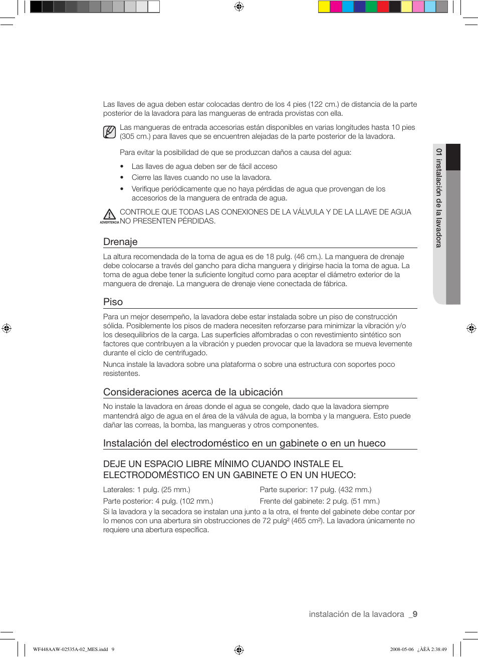Drenaje, Piso, Consideraciones acerca de la ubicación | Samsung WF438AAR-XAA User Manual | Page 41 / 64