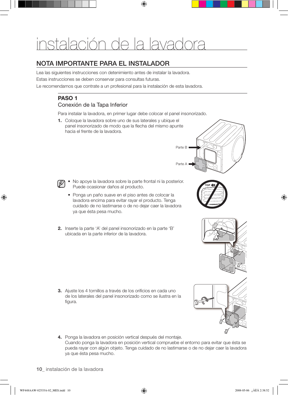 Instalación de la lavadora, Nota importante para el instalador | Samsung WF438AAR-XAA User Manual | Page 42 / 64