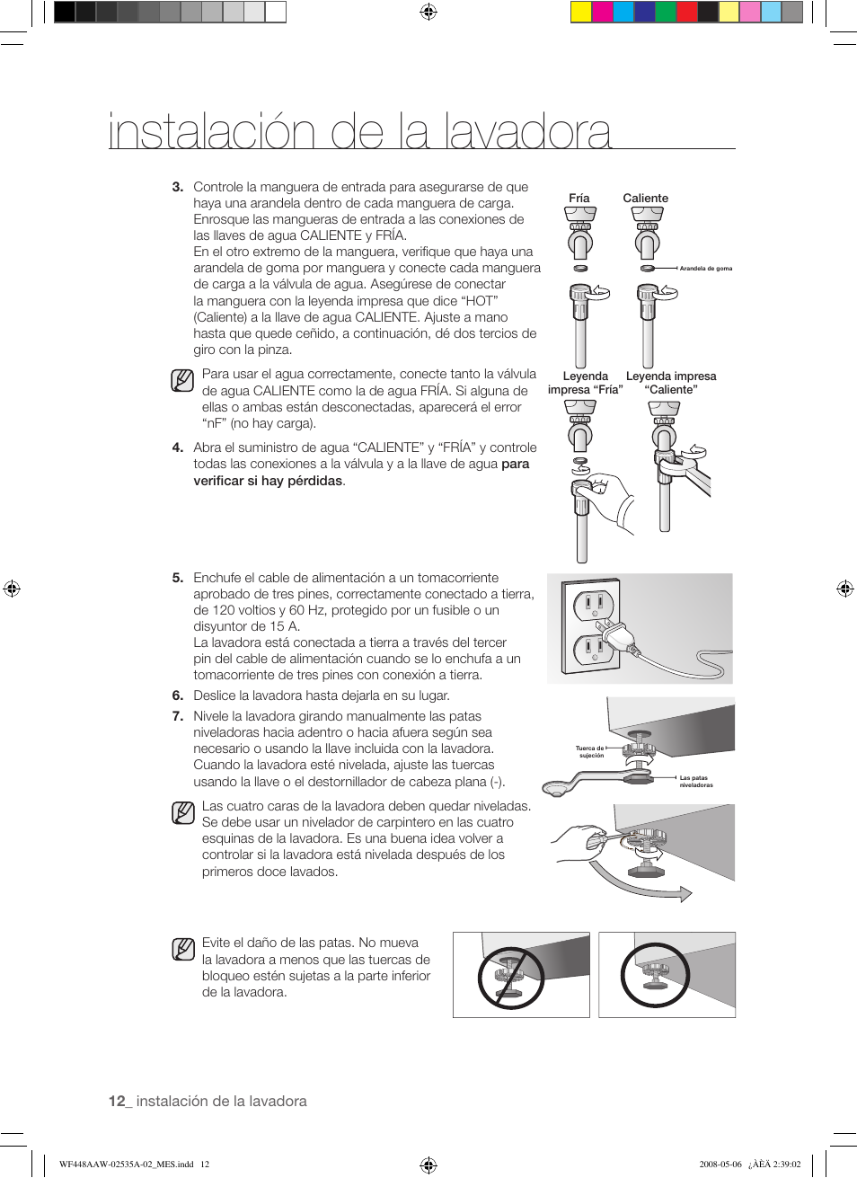 Instalación de la lavadora | Samsung WF438AAR-XAA User Manual | Page 44 / 64