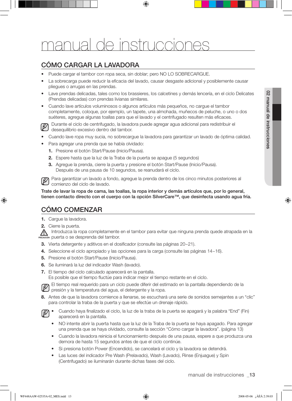 Manual de instrucciones, Cómo cargar la lavadora, Cómo comenzar | Samsung WF438AAR-XAA User Manual | Page 45 / 64