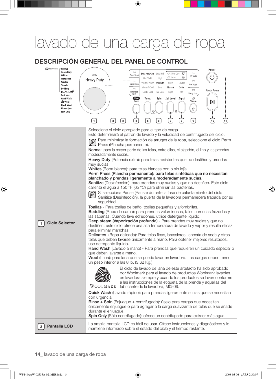 Lavado de una carga de ropa, Descripción general del panel de control | Samsung WF438AAR-XAA User Manual | Page 46 / 64