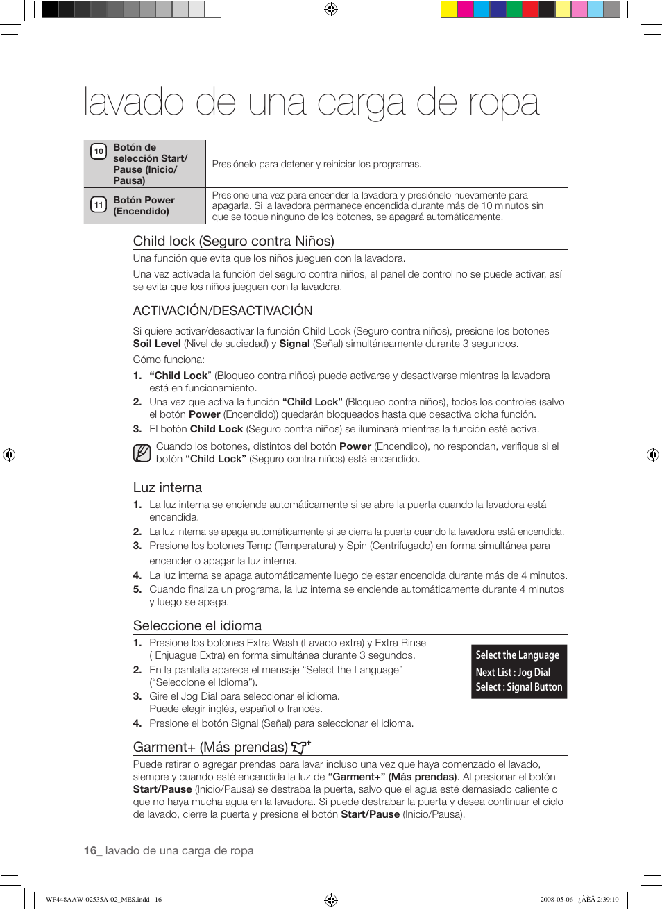 Lavado de una carga de ropa, Child lock (seguro contra niños), Luz interna | Seleccione el idioma, Garment+ (más prendas) | Samsung WF438AAR-XAA User Manual | Page 48 / 64