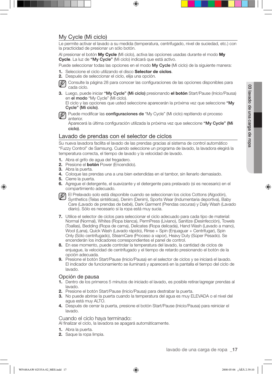My cycle (mi ciclo), Lavado de prendas con el selector de ciclos | Samsung WF438AAR-XAA User Manual | Page 49 / 64