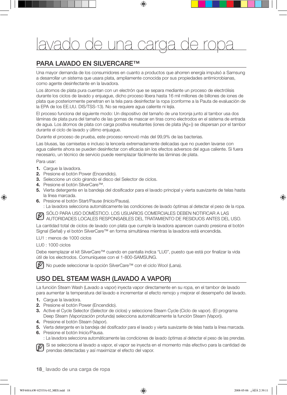 Lavado de una carga de ropa, Para lavado en silvercare, Uso del steam wash (lavado a vapor) | Samsung WF438AAR-XAA User Manual | Page 50 / 64