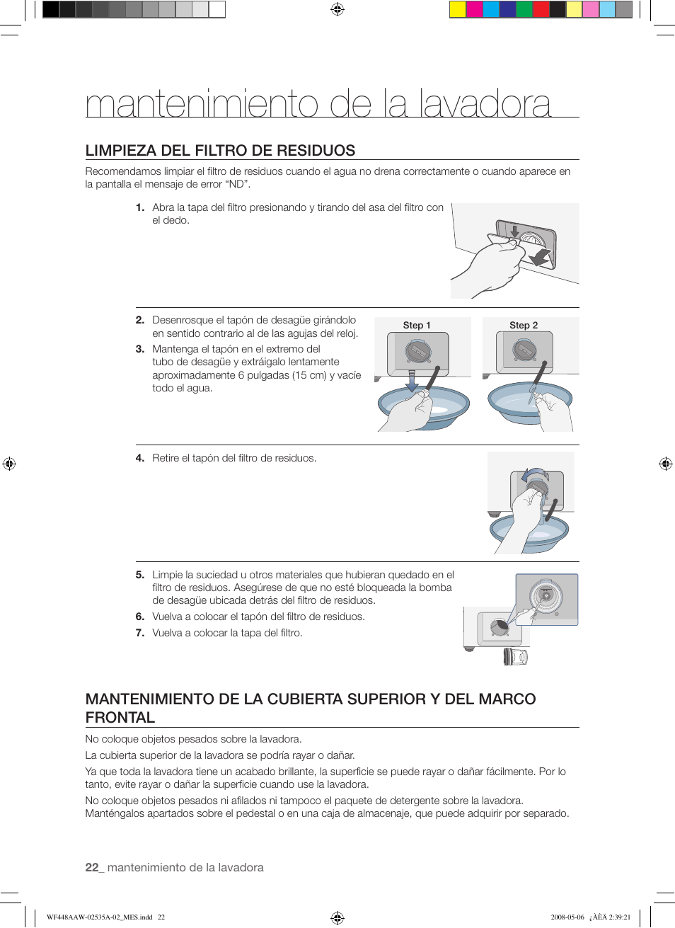 Mantenimiento de la lavadora, Limpieza del filtro de residuos | Samsung WF438AAR-XAA User Manual | Page 54 / 64