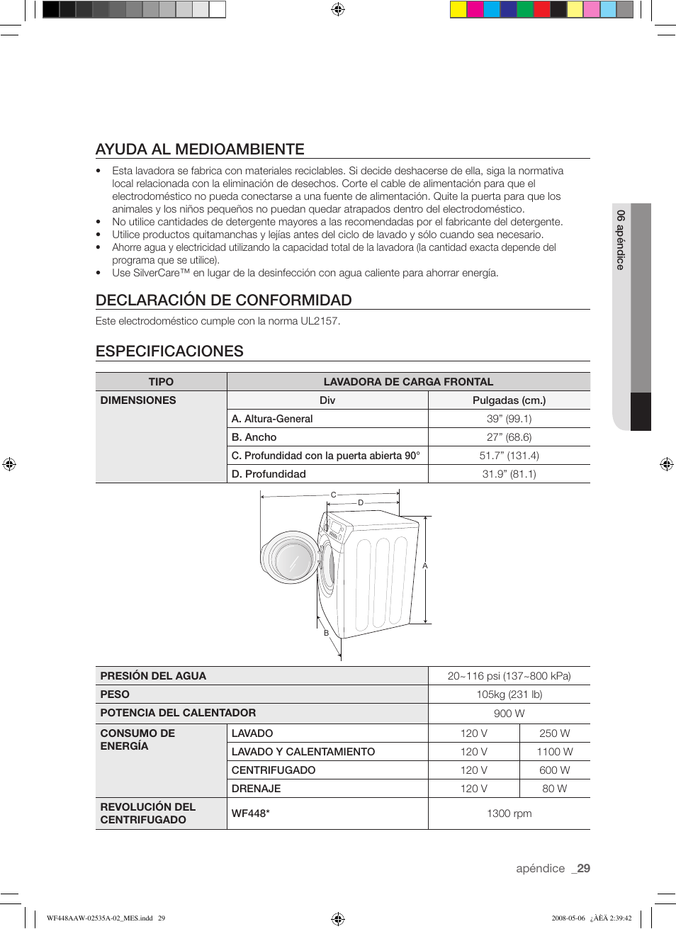 Ayuda al medioambiente, Declaración de conformidad, Especificaciones | Samsung WF438AAR-XAA User Manual | Page 61 / 64
