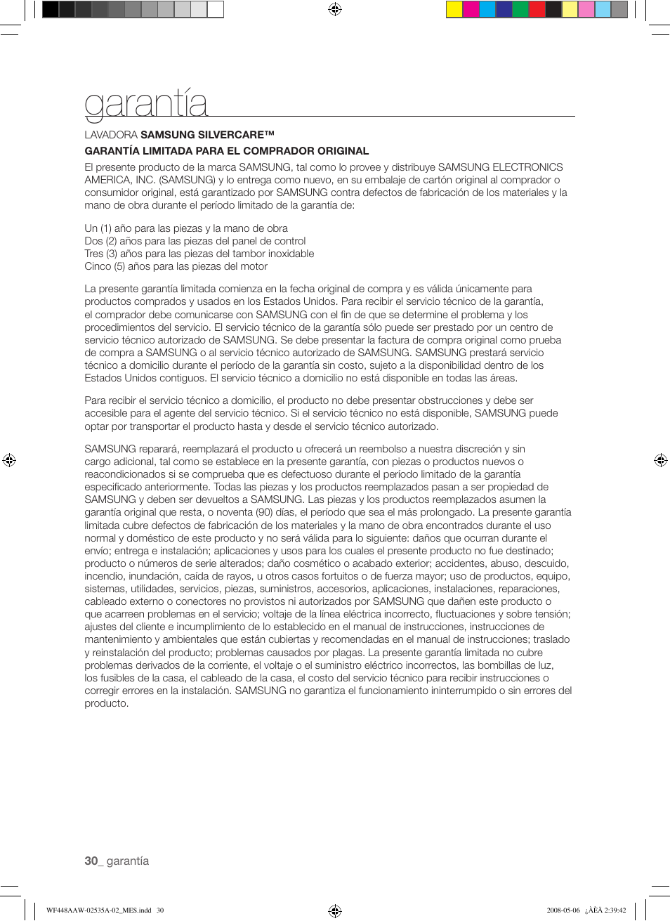 Garantía | Samsung WF438AAR-XAA User Manual | Page 62 / 64