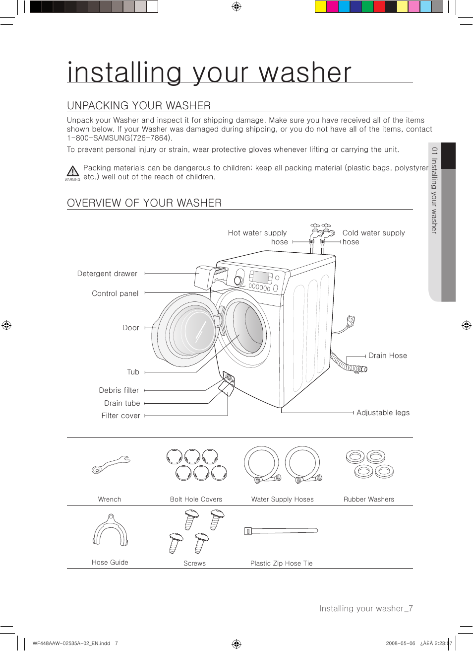 Installing your washer, Unpacking your washer, Overview of your washer | Samsung WF438AAR-XAA User Manual | Page 7 / 64