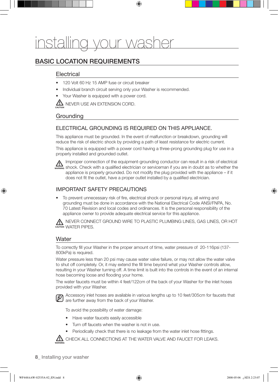 Installing your washer, Basic location requirements, Electrical | Grounding, Water | Samsung WF438AAR-XAA User Manual | Page 8 / 64