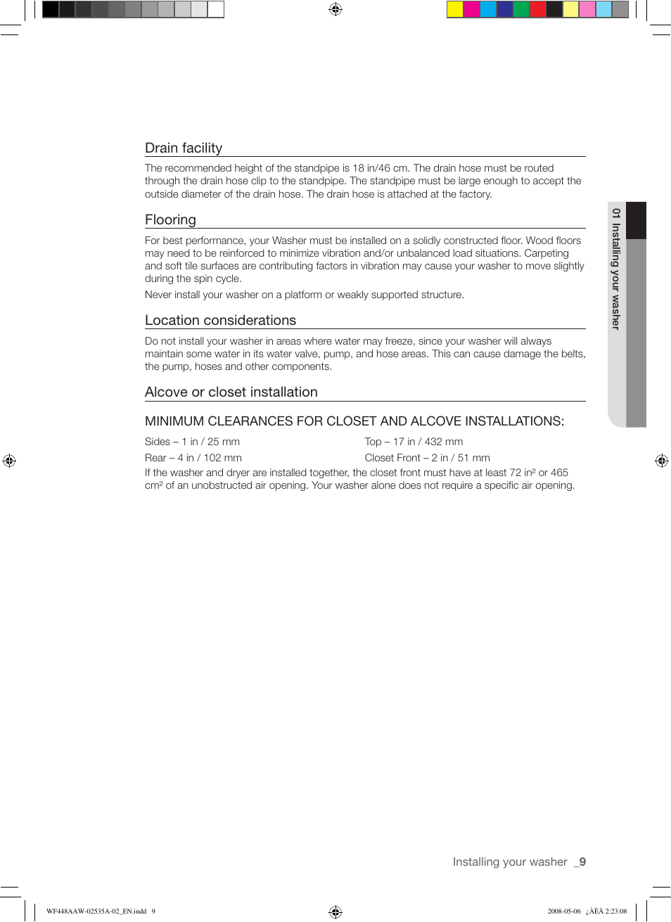 Drain facility, Flooring, Location considerations | Alcove or closet installation | Samsung WF438AAR-XAA User Manual | Page 9 / 64
