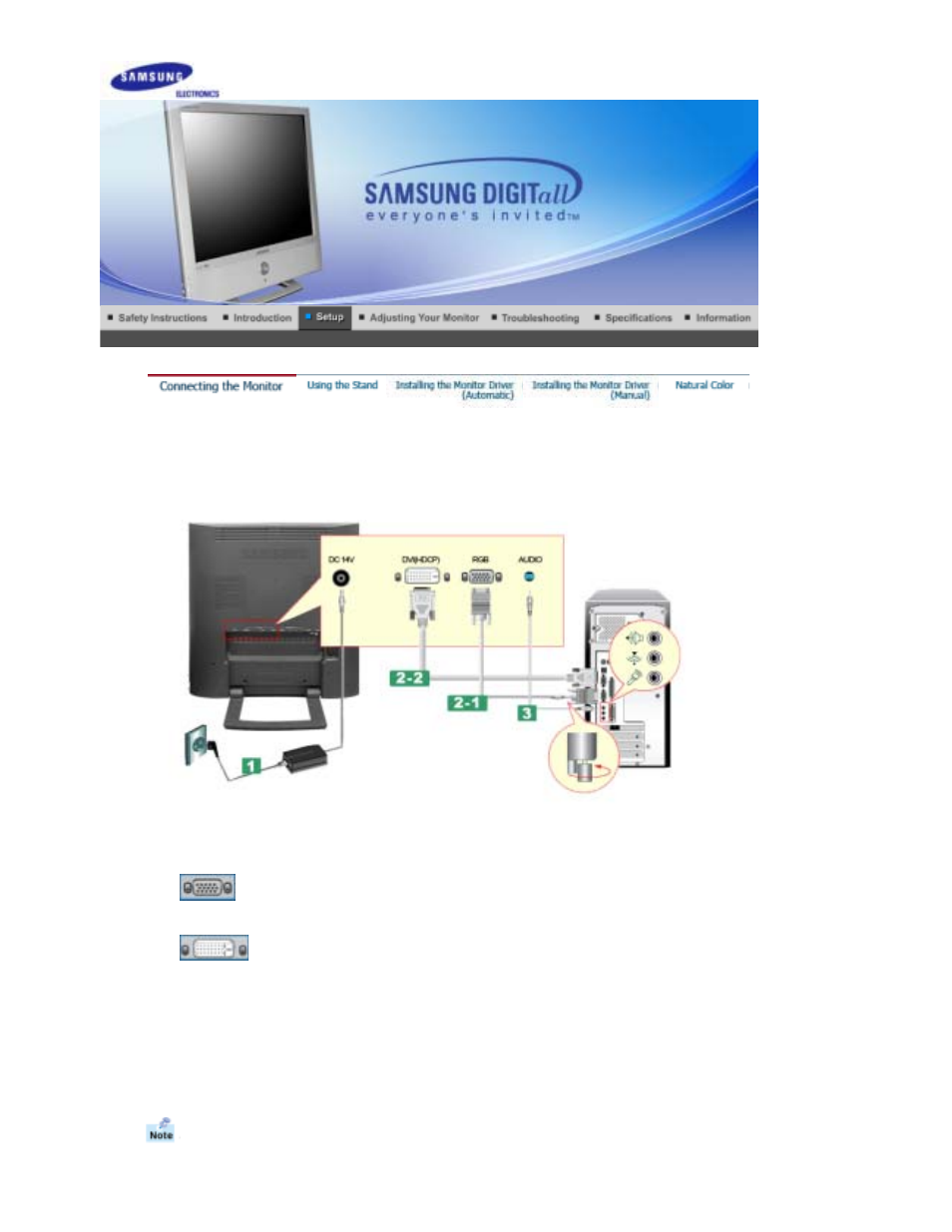 Setup, Connecting the monitor | Samsung RT19FSSS User Manual | Page 17 / 59