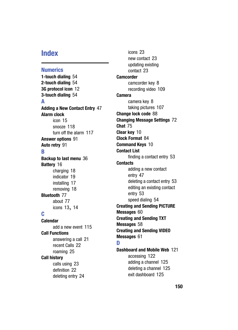 Index | Samsung SCH-U540MSAVZW User Manual | Page 152 / 156