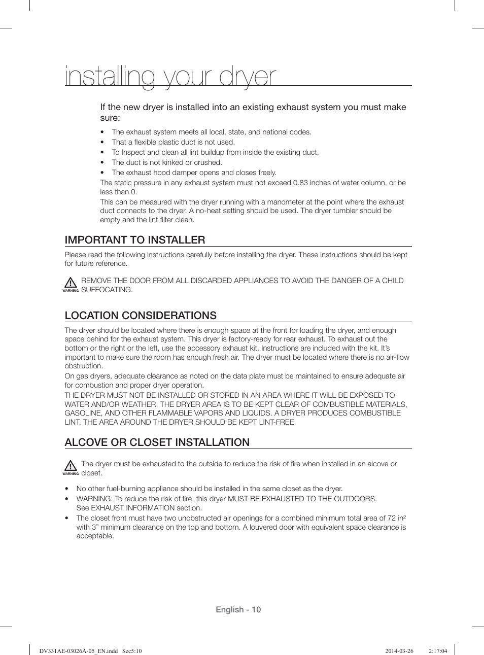 Installing your dryer, Important to installer, Location considerations | Alcove or closet installation | Samsung DV331AER-XAA User Manual | Page 10 / 80