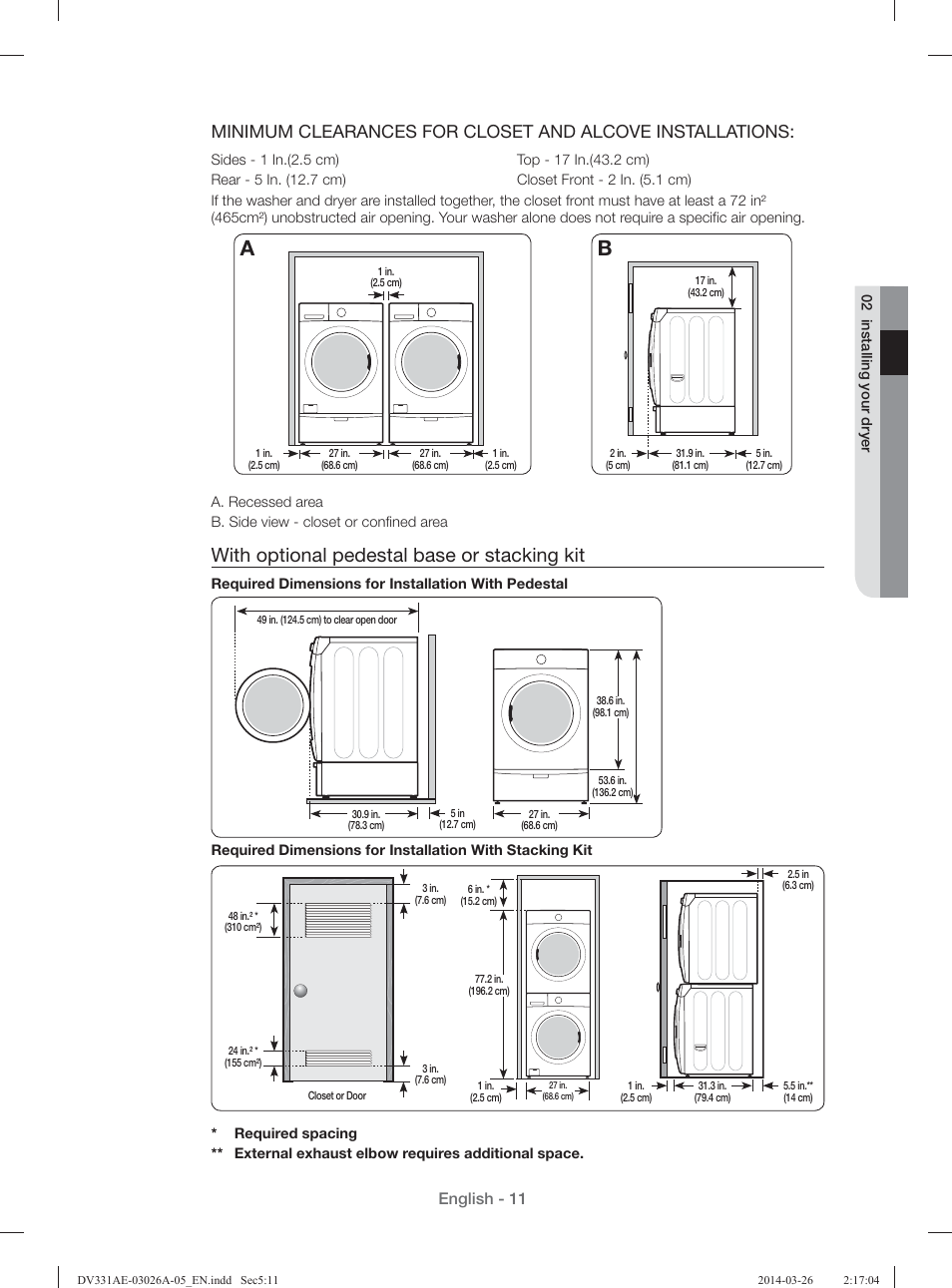 With optional pedestal base or stacking kit, English - 11 | Samsung DV331AER-XAA User Manual | Page 11 / 80