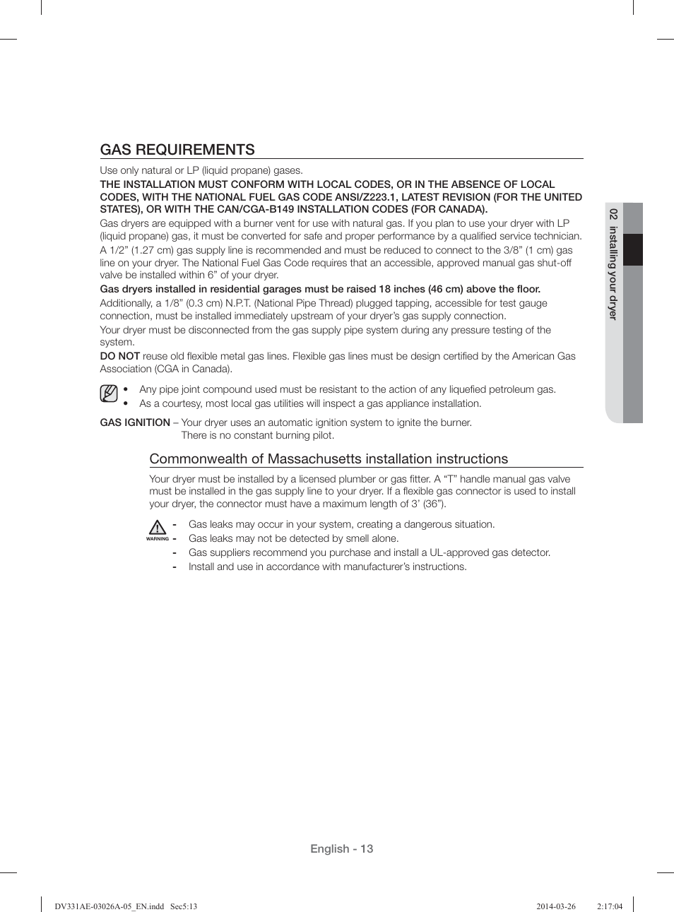 Gas requirements | Samsung DV331AER-XAA User Manual | Page 13 / 80