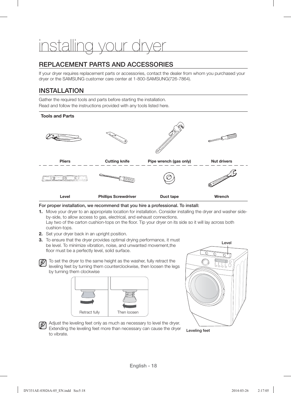 Installing your dryer, Replacement parts and accessories, Installation | Samsung DV331AER-XAA User Manual | Page 18 / 80
