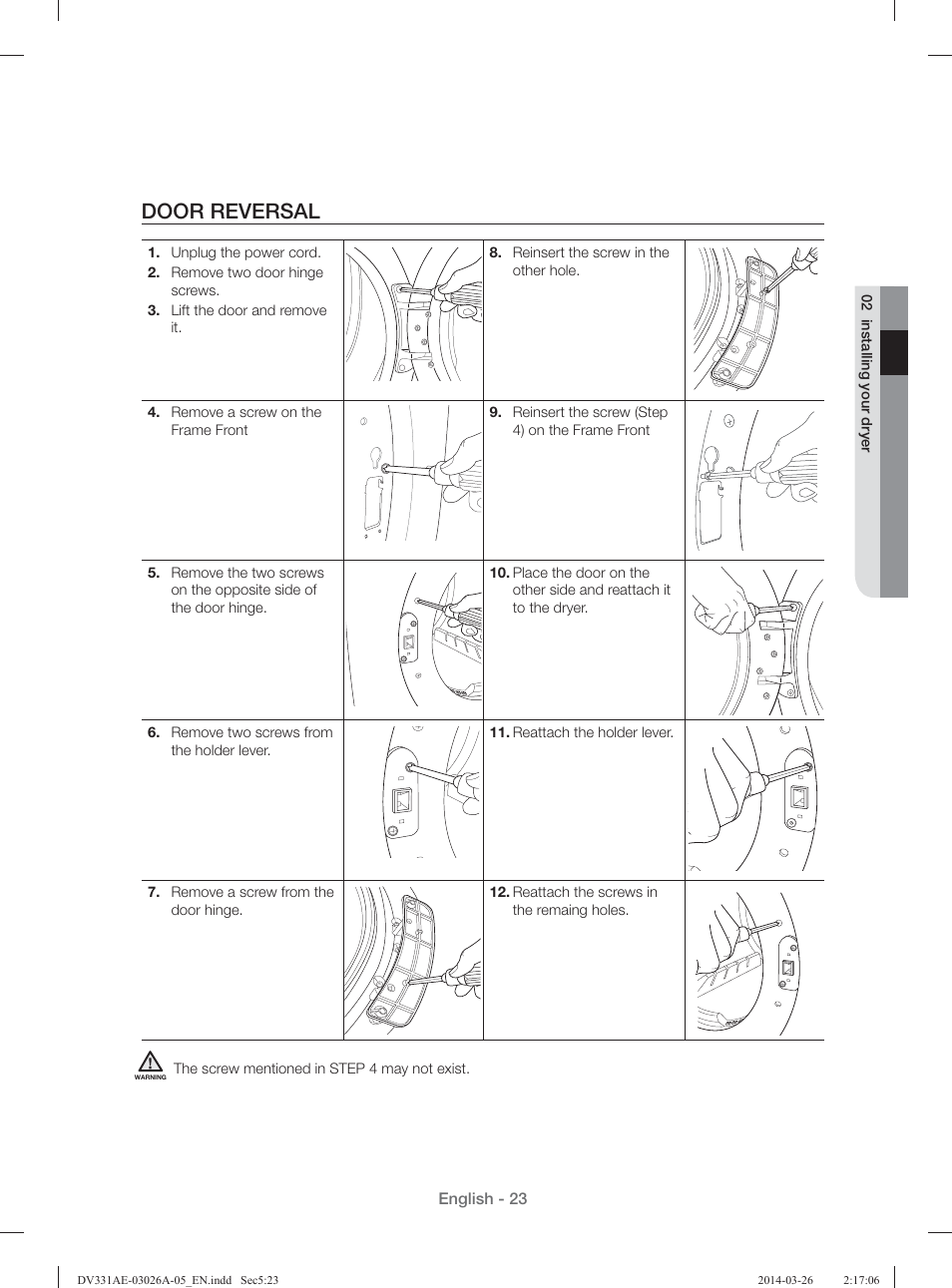 Door reversal | Samsung DV331AER-XAA User Manual | Page 23 / 80