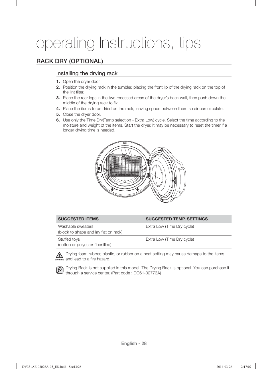 Operating instructions, tips, Rack dry (optional), Installing the drying rack | Samsung DV331AER-XAA User Manual | Page 28 / 80