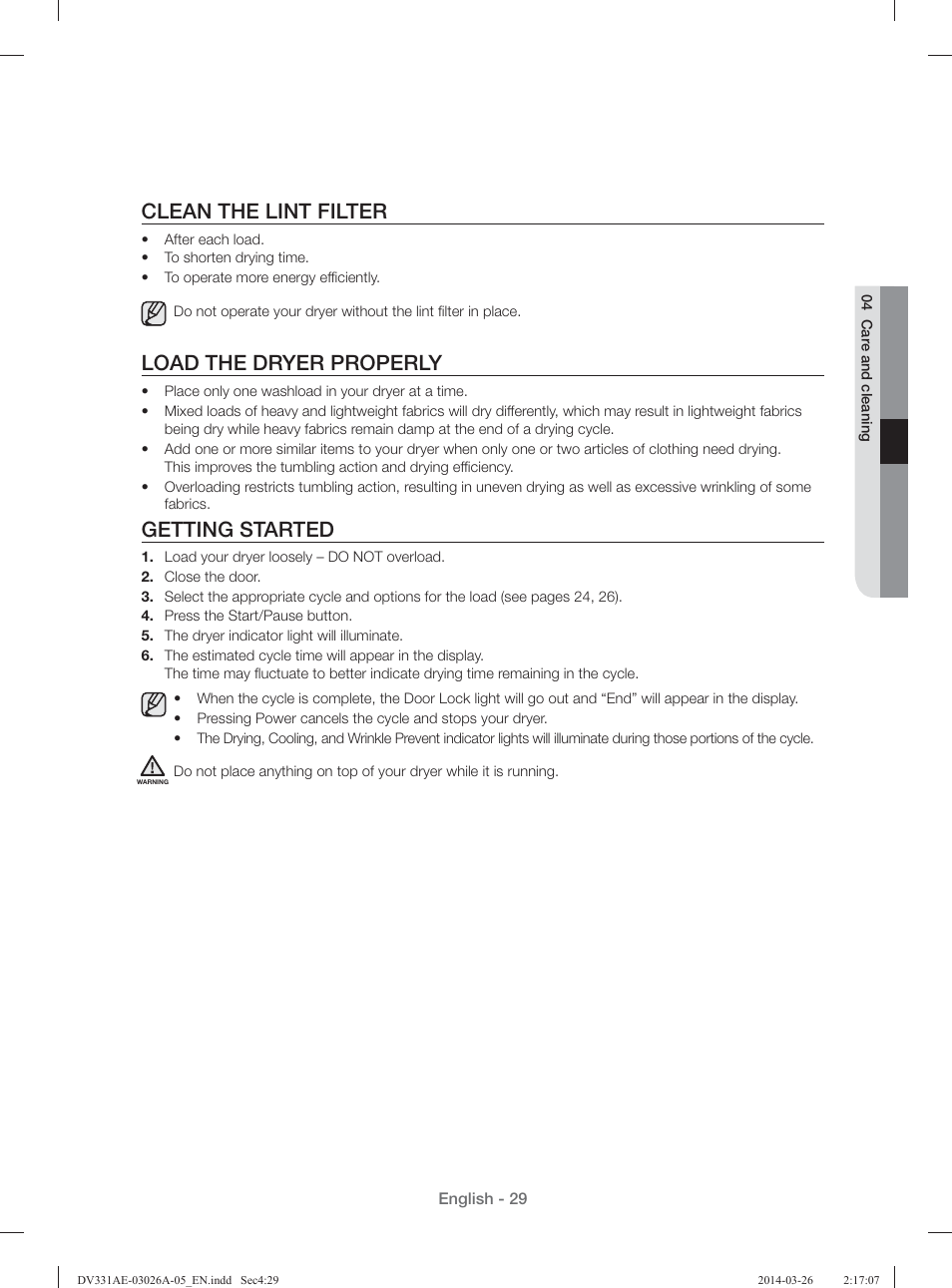 Clean the lint filter, Load the dryer properly, Getting started | Samsung DV331AER-XAA User Manual | Page 29 / 80