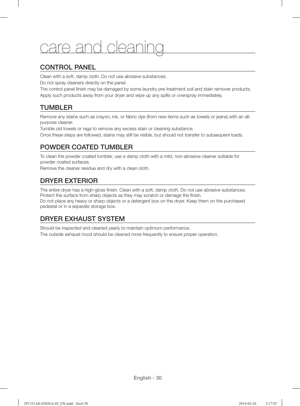 Care and cleaning, Control panel, Tumbler | Powder coated tumbler, Dryer exterior, Dryer exhaust system | Samsung DV331AER-XAA User Manual | Page 30 / 80