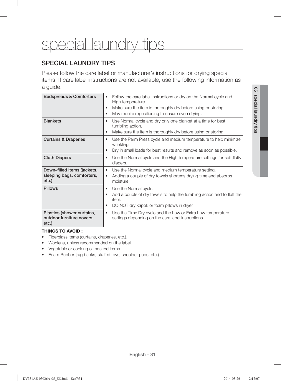 Special laundry tips | Samsung DV331AER-XAA User Manual | Page 31 / 80