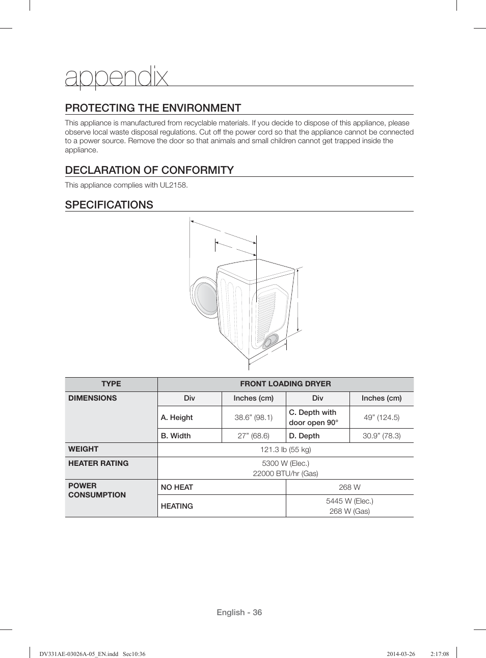 Appendix, Protecting the environment, Declaration of conformity | Specifications | Samsung DV331AER-XAA User Manual | Page 36 / 80