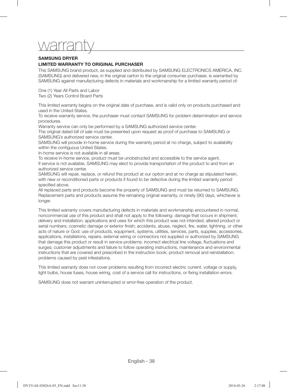 Warranty | Samsung DV331AER-XAA User Manual | Page 38 / 80