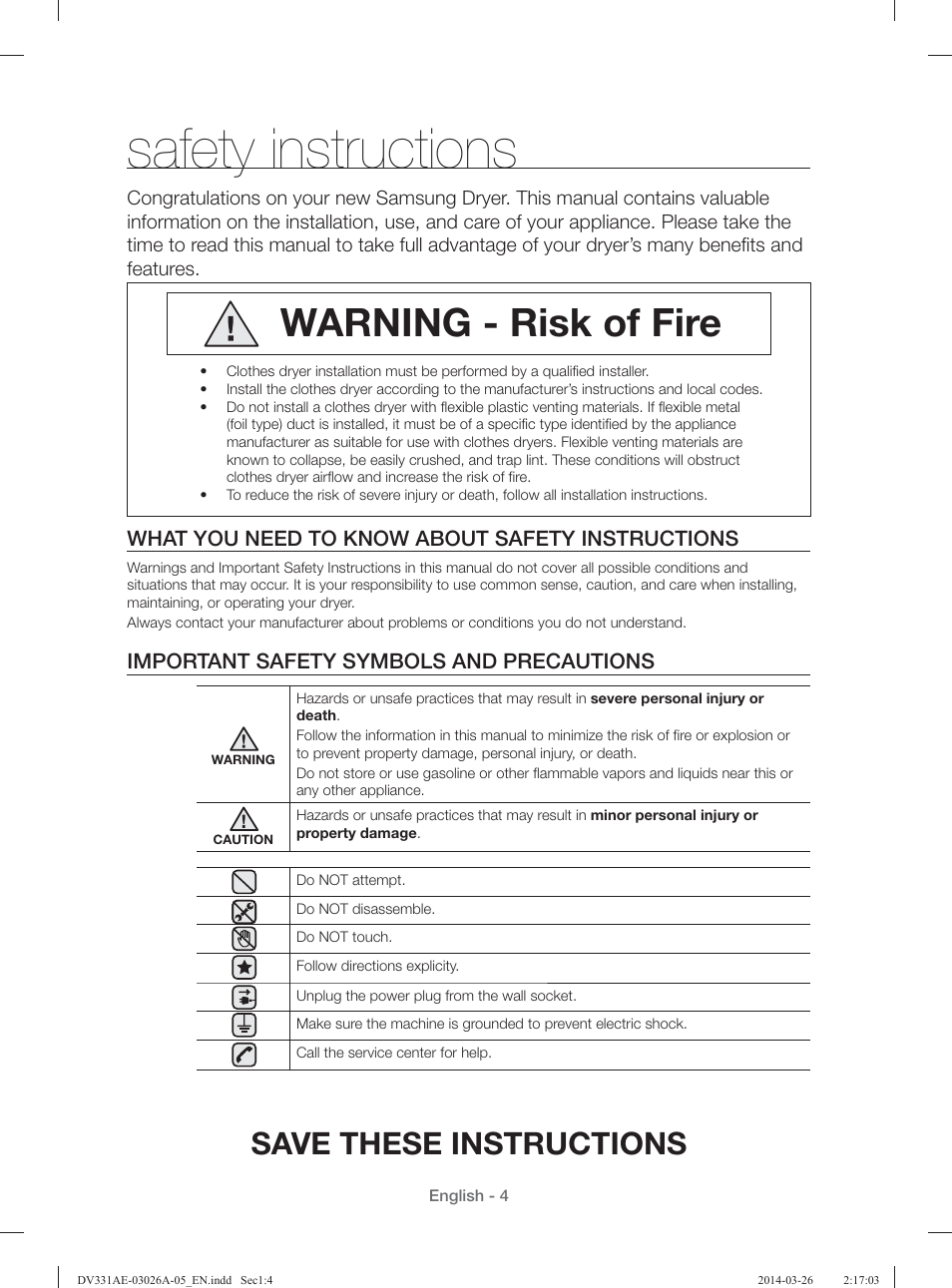 Safety instructions, Warning - risk of fire, Save these instructions | What you need to know about safety instructions, Important safety symbols and precautions | Samsung DV331AER-XAA User Manual | Page 4 / 80
