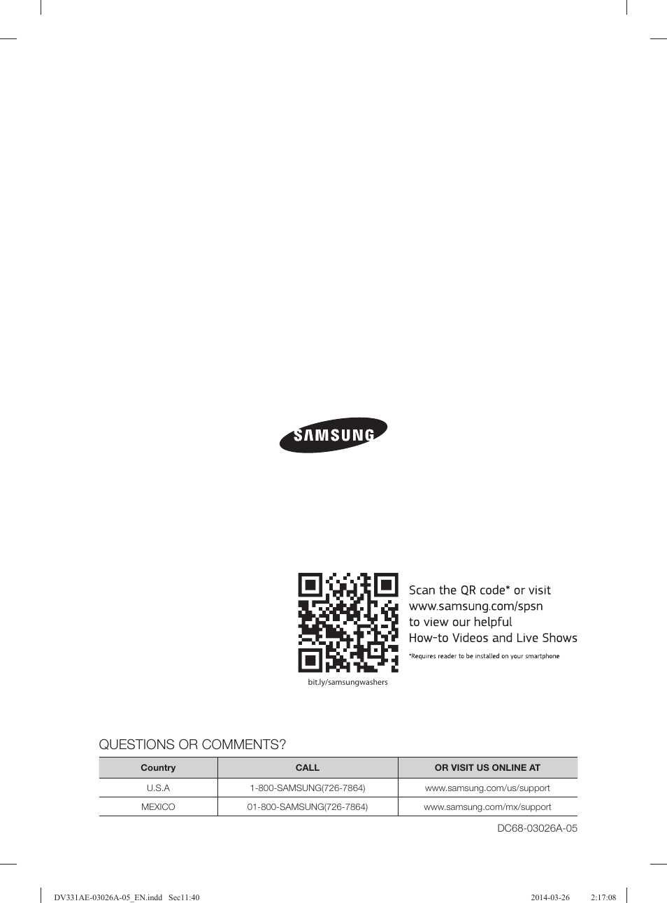 Questions or comments | Samsung DV331AER-XAA User Manual | Page 40 / 80