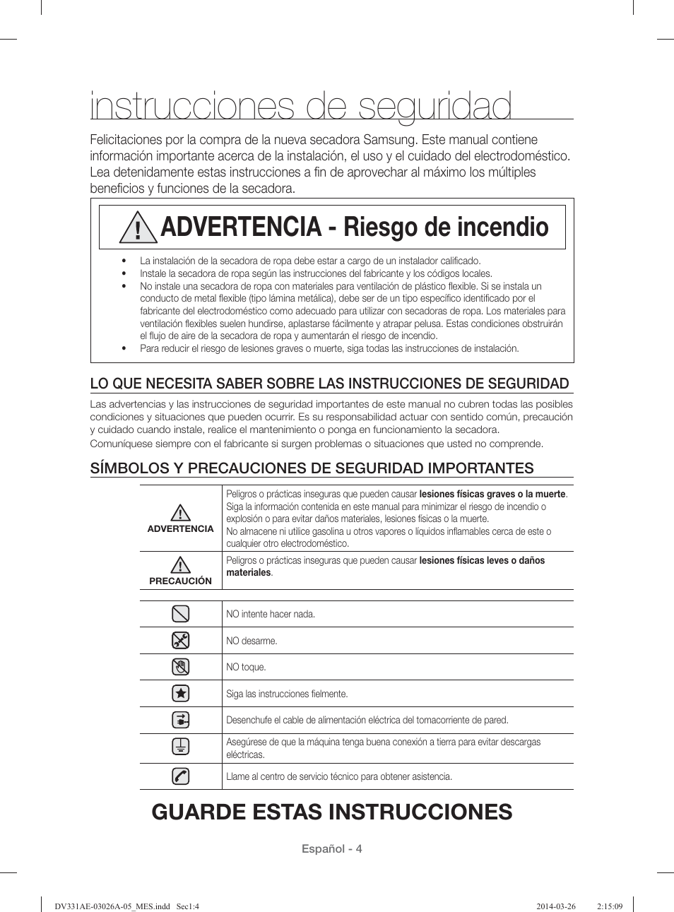 Instrucciones de seguridad, Advertencia - riesgo de incendio, Guarde estas instrucciones | Símbolos y precauciones de seguridad importantes | Samsung DV331AER-XAA User Manual | Page 44 / 80