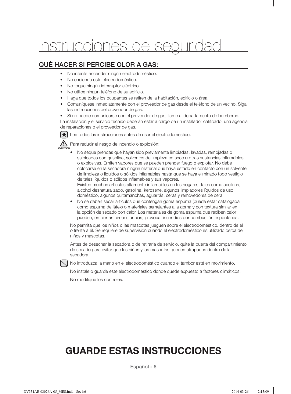 Instrucciones de seguridad, Guarde estas instrucciones, Qué hacer si percibe olor a gas | Samsung DV331AER-XAA User Manual | Page 46 / 80