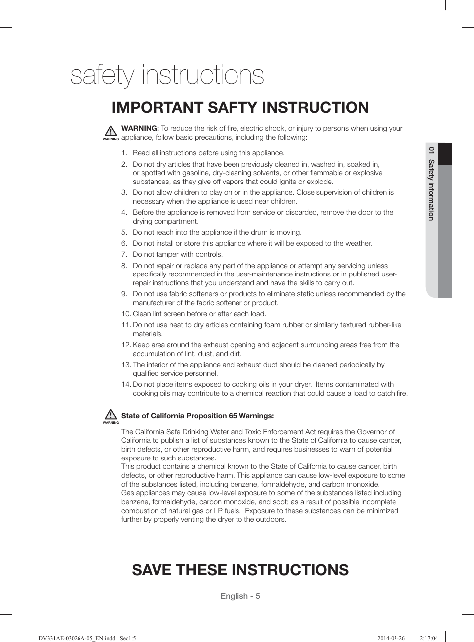 Safety instructions, Save these instructions, Important safty instruction | Samsung DV331AER-XAA User Manual | Page 5 / 80