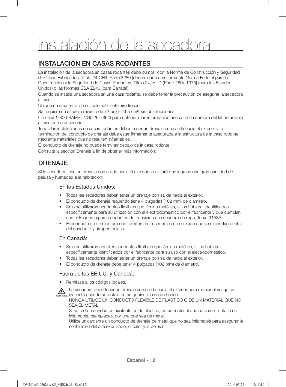 Instalación de la secadora, Instalación en casas rodantes, Drenaje | Samsung DV331AER-XAA User Manual | Page 52 / 80