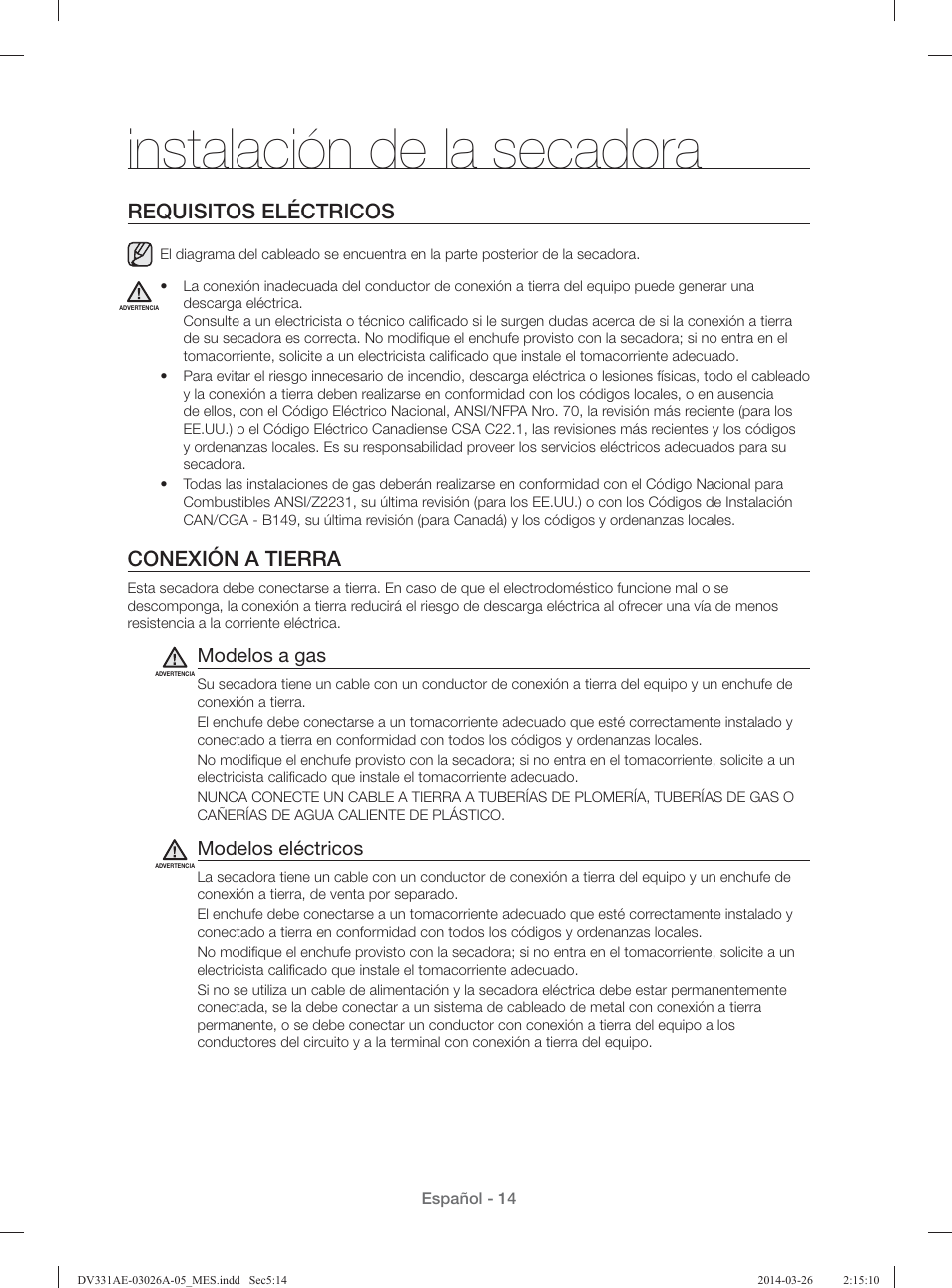 Instalación de la secadora, Requisitos eléctricos, Conexión a tierra | Modelos a gas, Modelos eléctricos | Samsung DV331AER-XAA User Manual | Page 54 / 80