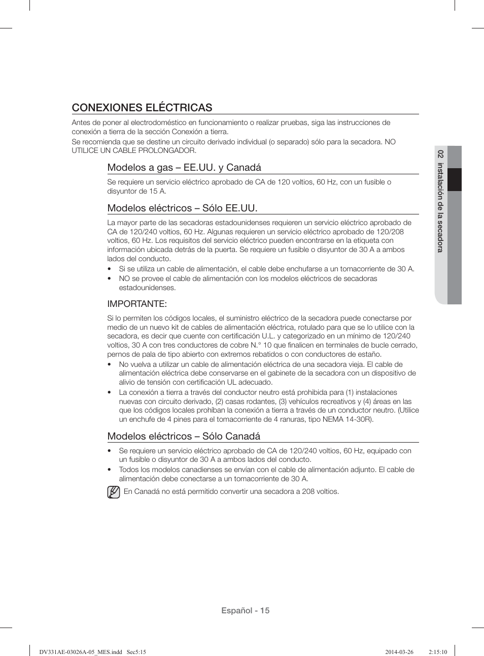 Conexiones eléctricas, Modelos a gas – ee.uu. y canadá, Modelos eléctricos – sólo ee.uu | Modelos eléctricos – sólo canadá | Samsung DV331AER-XAA User Manual | Page 55 / 80