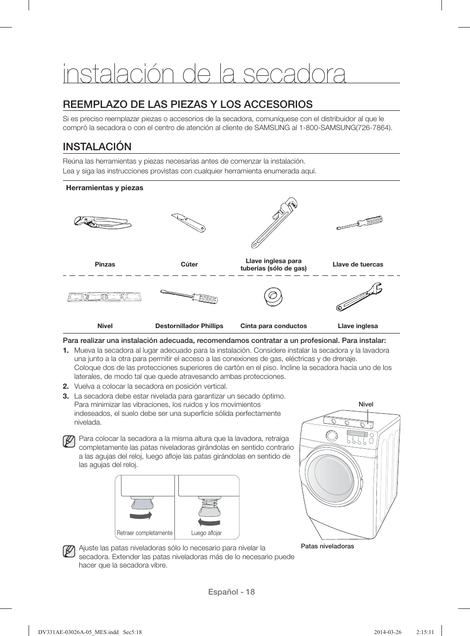 Instalación de la secadora, Reemplazo de las piezas y los accesorios, Instalación | Samsung DV331AER-XAA User Manual | Page 58 / 80