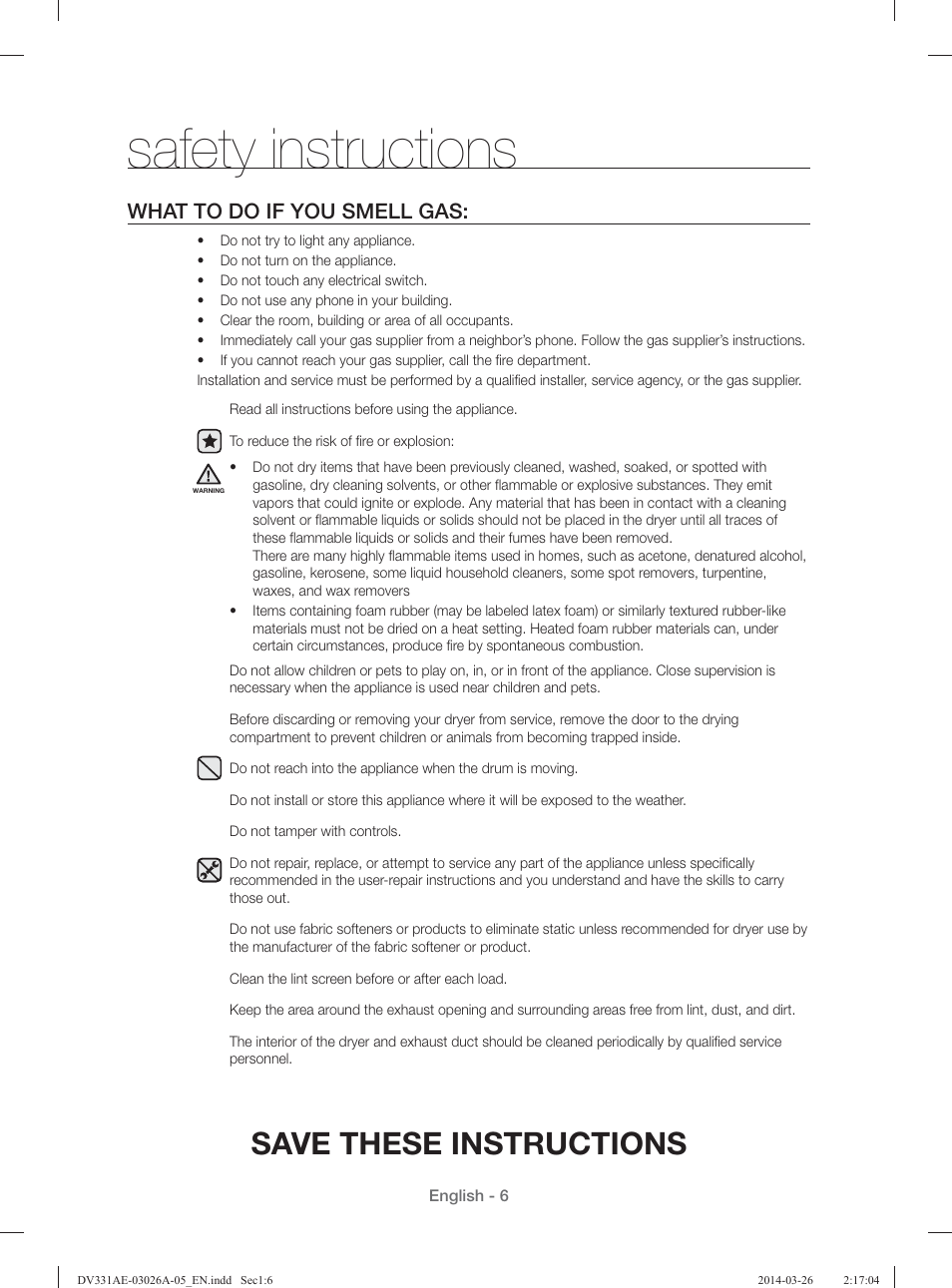 Safety instructions, Save these instructions, What to do if you smell gas | Samsung DV331AER-XAA User Manual | Page 6 / 80