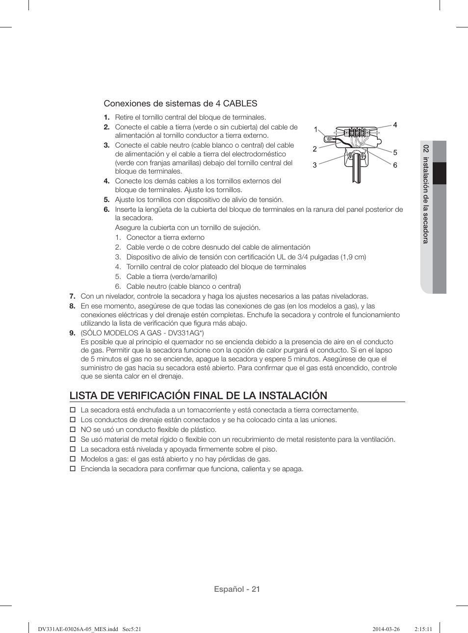 Lista de verificación final de la instalación | Samsung DV331AER-XAA User Manual | Page 61 / 80