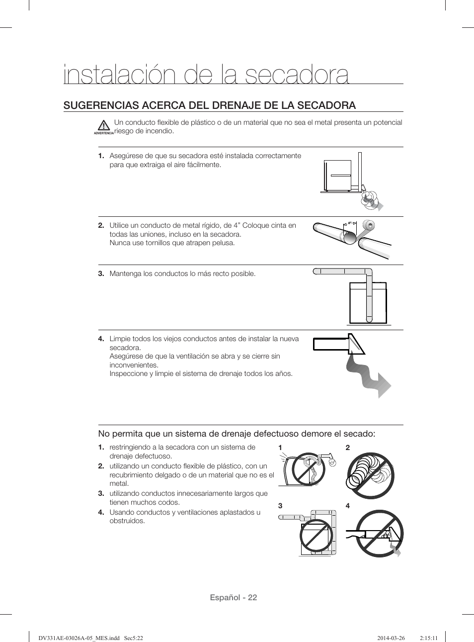 Instalación de la secadora, Sugerencias acerca del drenaje de la secadora | Samsung DV331AER-XAA User Manual | Page 62 / 80