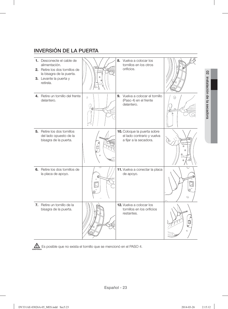 Inversión de la puerta | Samsung DV331AER-XAA User Manual | Page 63 / 80