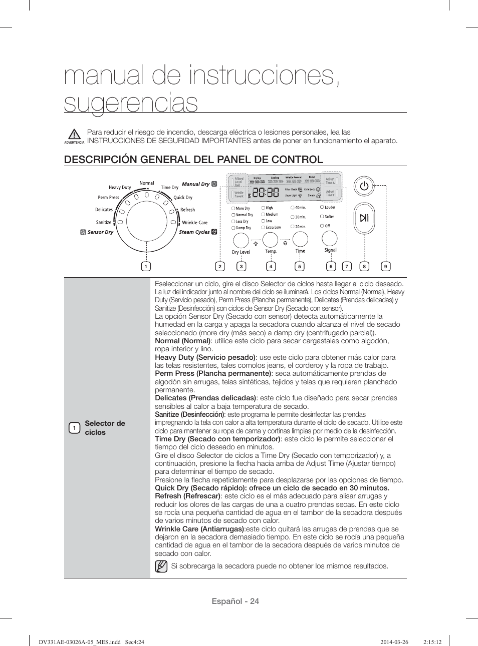 Manual de instrucciones, sugerencias, Descripción general del panel de control | Samsung DV331AER-XAA User Manual | Page 64 / 80