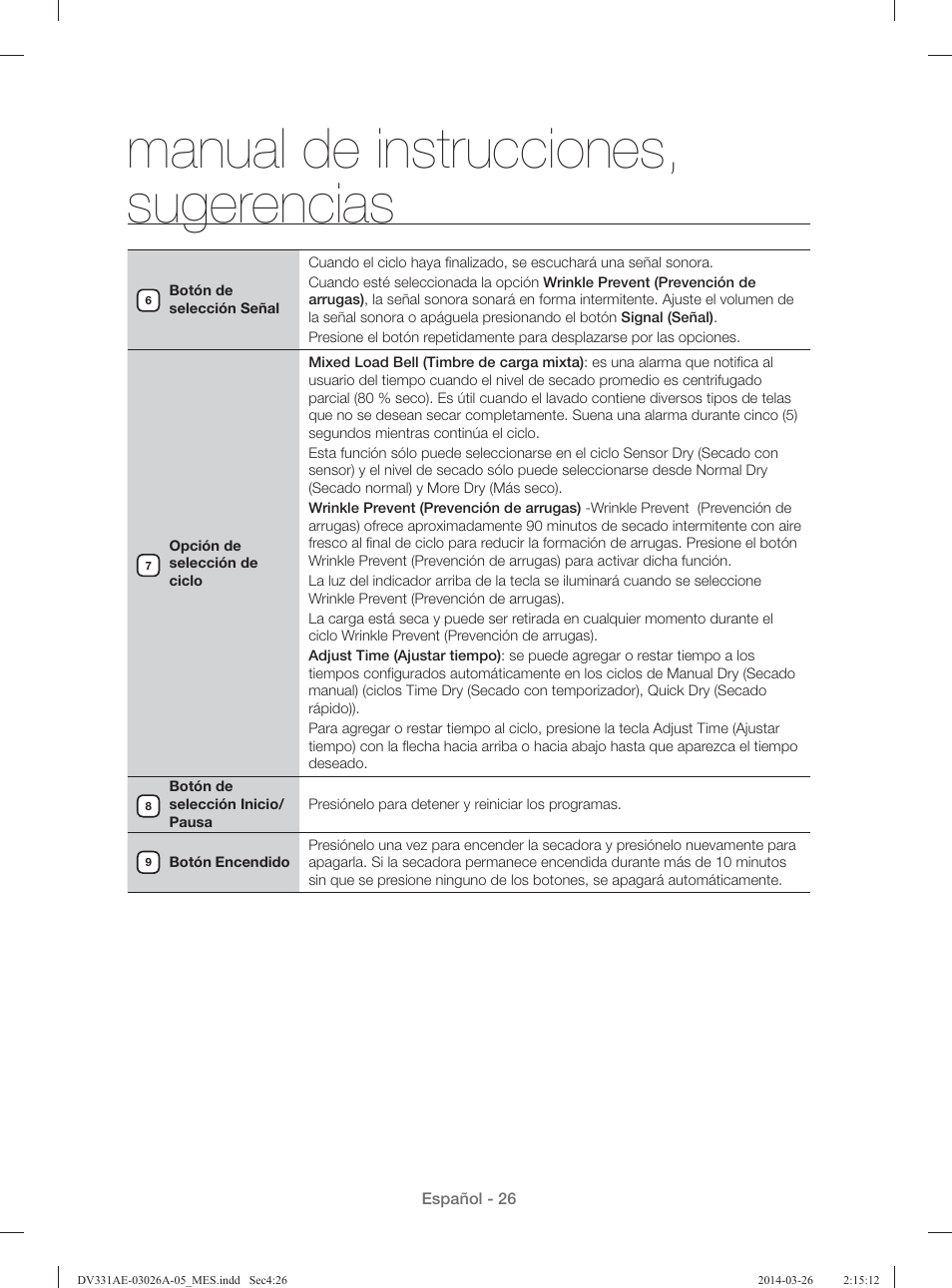 Manual de instrucciones, sugerencias | Samsung DV331AER-XAA User Manual | Page 66 / 80