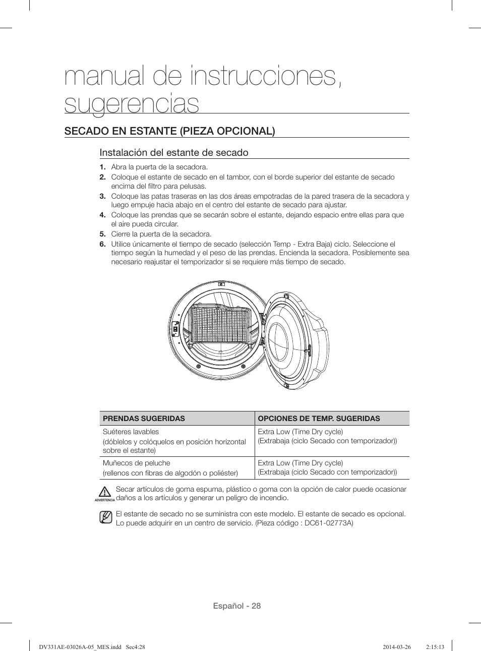 Manual de instrucciones, sugerencias, Secado en estante (pieza opcional), Instalación del estante de secado | Samsung DV331AER-XAA User Manual | Page 68 / 80