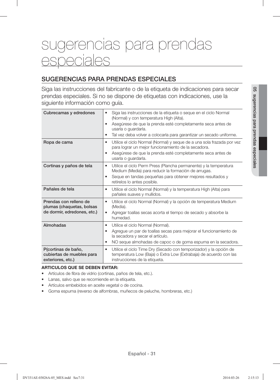 Sugerencias para prendas especiales | Samsung DV331AER-XAA User Manual | Page 71 / 80