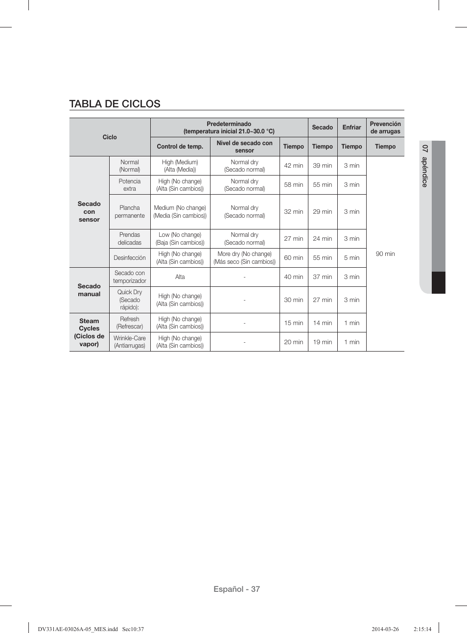 Tabla de ciclos | Samsung DV331AER-XAA User Manual | Page 77 / 80
