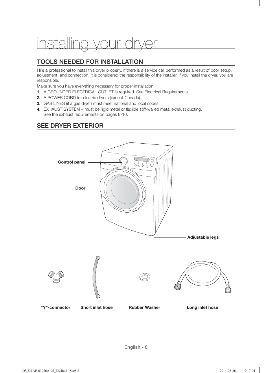 Installing your dryer, Tools needed for installation, See dryer exterior | Samsung DV331AER-XAA User Manual | Page 8 / 80